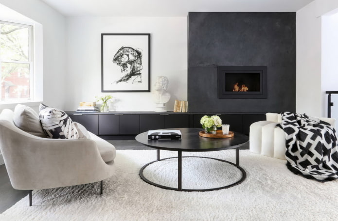 Design intérieur de salon noir et blanc