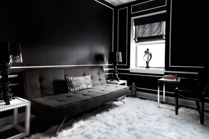 Décoration de salon dans les tons noir et blanc