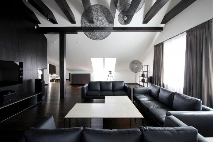 salon aux tons noir et blanc de style loft