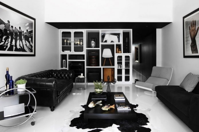 Intérieur de salon aux tons noir et blanc