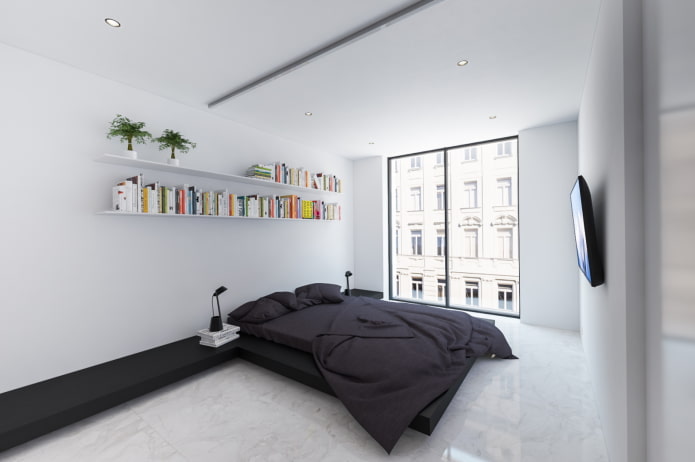 Intérieur de chambre noir et blanc de style minimaliste