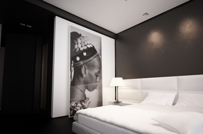 Décoration et éclairage de chambre en noir et blanc