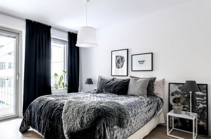 Textiles dans la chambre à coucher aux tons noir et blanc