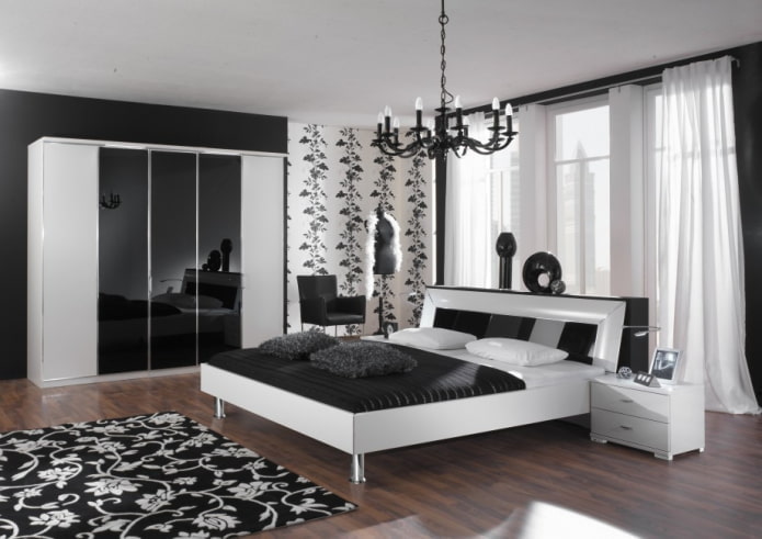 Meubles de chambre à coucher aux tons noir et blanc
