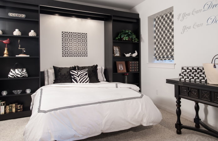 Meubles de chambre à coucher aux tons noir et blanc tons