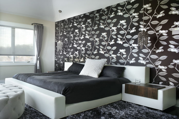 meubles dans une chambre à coucher aux tons noir et blanc