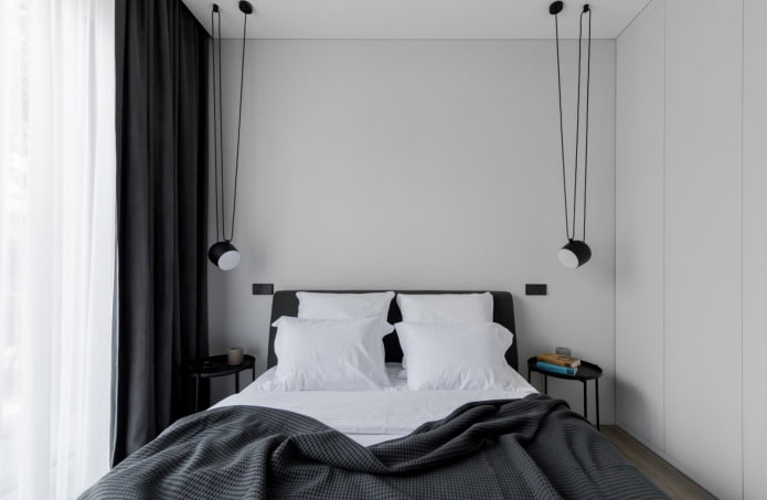 Décoration et éclairage de chambre en noir et blanc