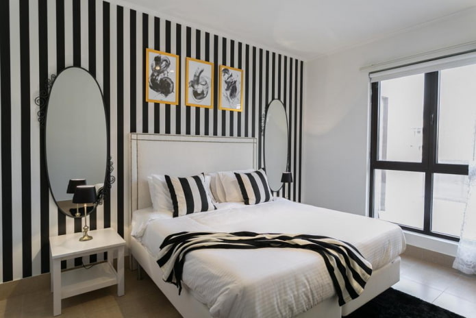 Décoration et éclairage de chambre en noir et blanc