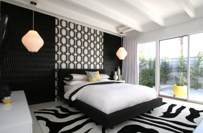 Décoration et éclairage de chambre en noir et blanc