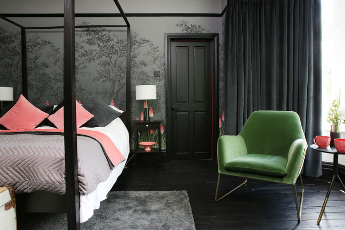 chambre dans les tons gris foncé et noir