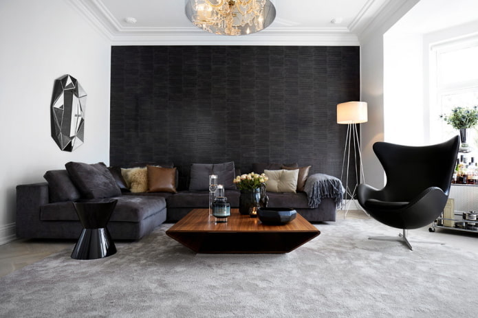 canapé d'angle avec revêtement en tissu gris-noir