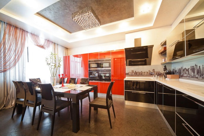 Ensemble de cuisine noir et orange de style moderne