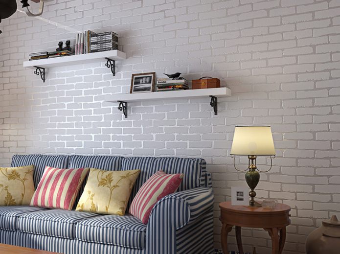 Papier peint brique blanche dans le design du salon