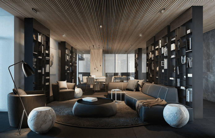 Plafond en lattes de bois dans le salon