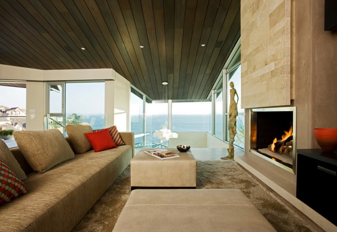 Plafond en bois marron dans le salon