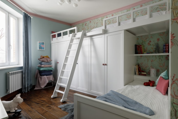 Rangement d'objets à l'intérieur d'une chambre pour enfants de sexes différents