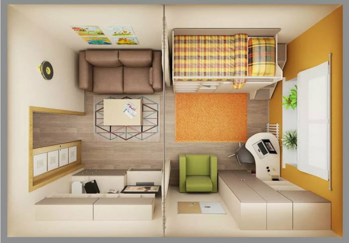 Chambre d'enfant et salon dans un appartement d'une pièce