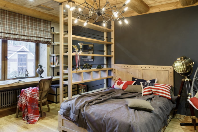 Textiles dans l'intérieur d'une chambre d'enfant de style industriel