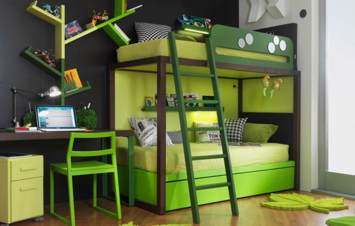 lit superposé vert clair dans une chambre d'enfant
