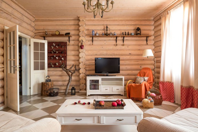aménagement d'un salon dans une maison en rondins de bois