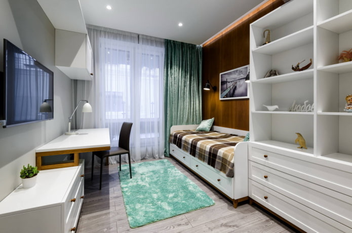 Chambre aux tons bois et menthe