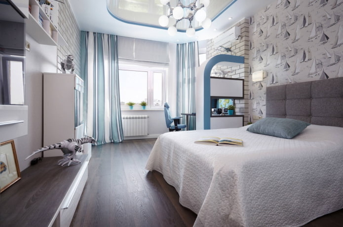 Chambre dans les tons blancs et bleus