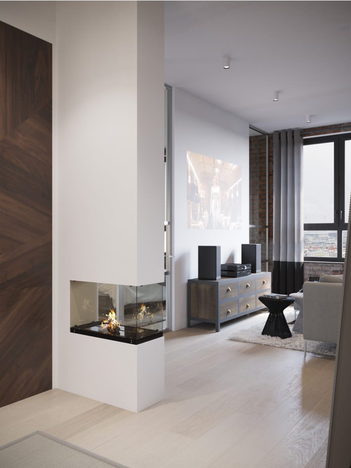 conception d'un couloir combiné avec un salon avec cheminée