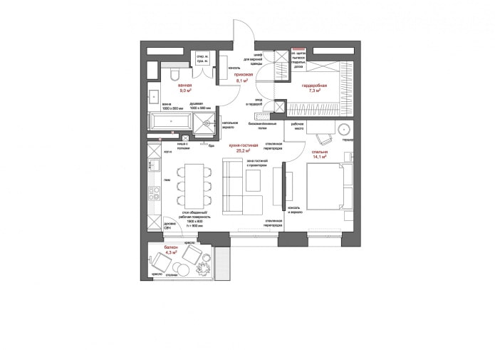 Agencement d'un appartement de 2 pièces de 63,7 m² avec agencement des meubles