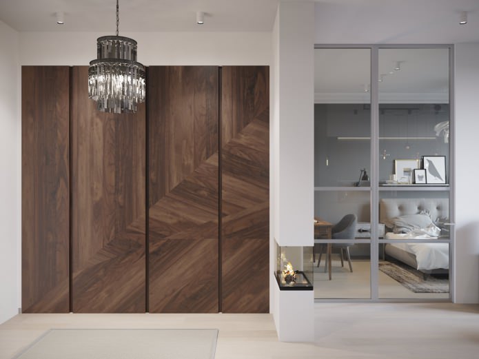 conception d'un couloir combiné à un salon avec cheminée