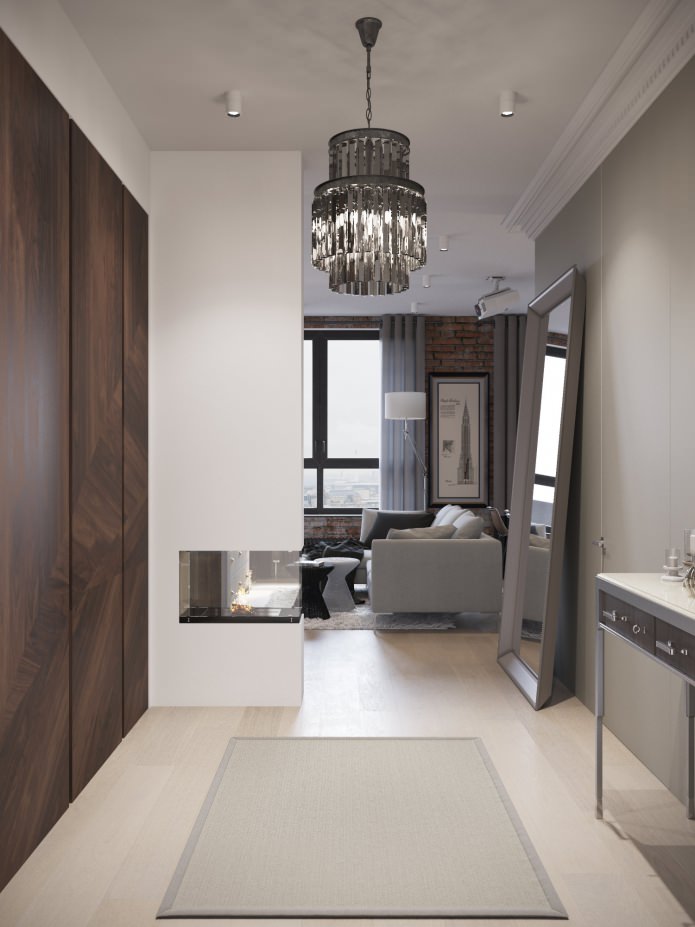 conception d'un couloir combiné avec un salon avec cheminée