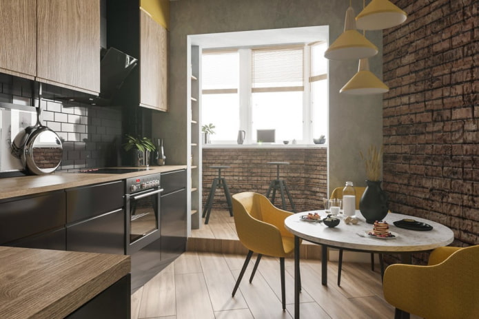 Intérieur de cuisine de 8 m² avec balcon