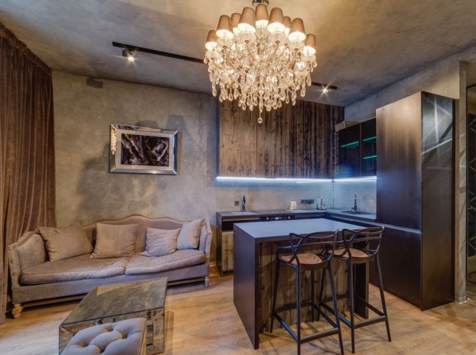 cuisine carrée-salon de 17 m²