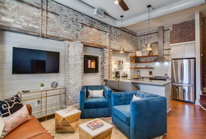 Cuisine-salon de 17 m² de style loft
