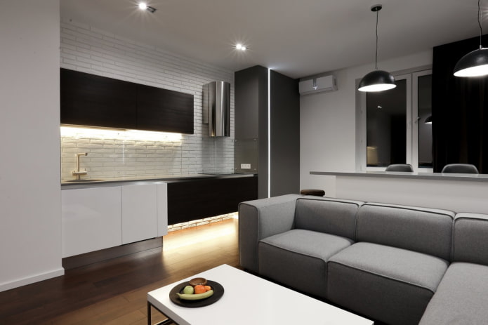Cuisine-salon de 17 mètres carrés dans un style minimaliste