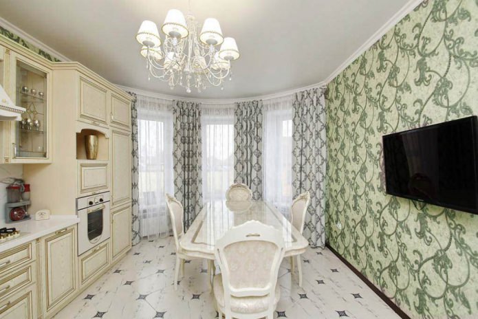 Papier peint vert dans une cuisine de style classique