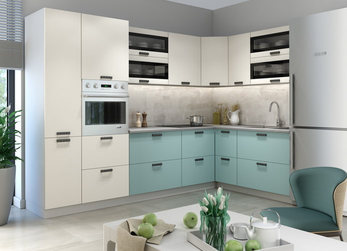 Ensemble de cuisine blanc et turquoise