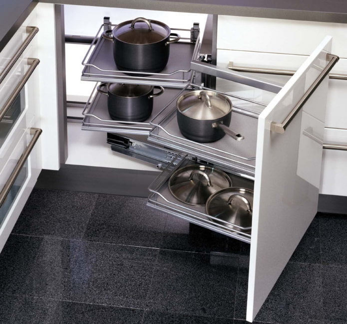 système de rangement d'angle dans la cuisine