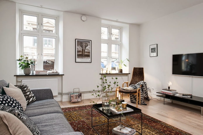 intérieur d'un appartement de 100 mètres carrés dans un style scandinave
