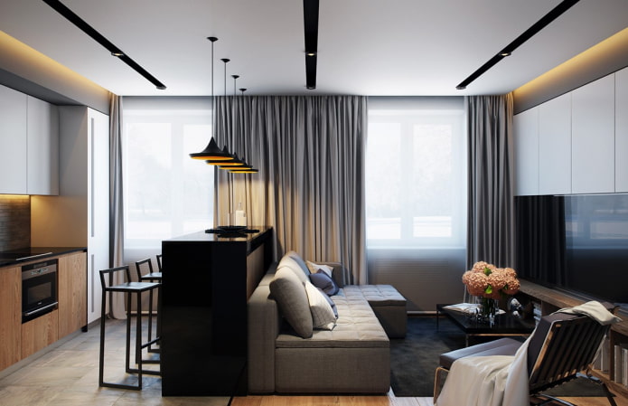 conception de cuisine-salon dans un appartement de 35 mètres carrés