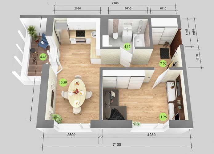 Schéma d'un appartement de 38 m² avec métrage