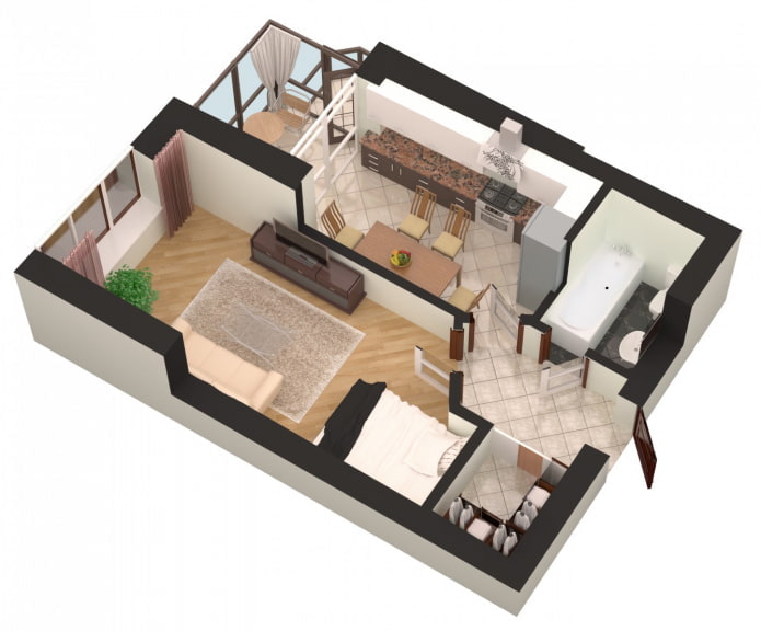 Appartement d'une pièce avec une chambre-salon et un balcon
