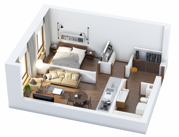 Appartement de deux pièces de style européen avec cuisine-salon