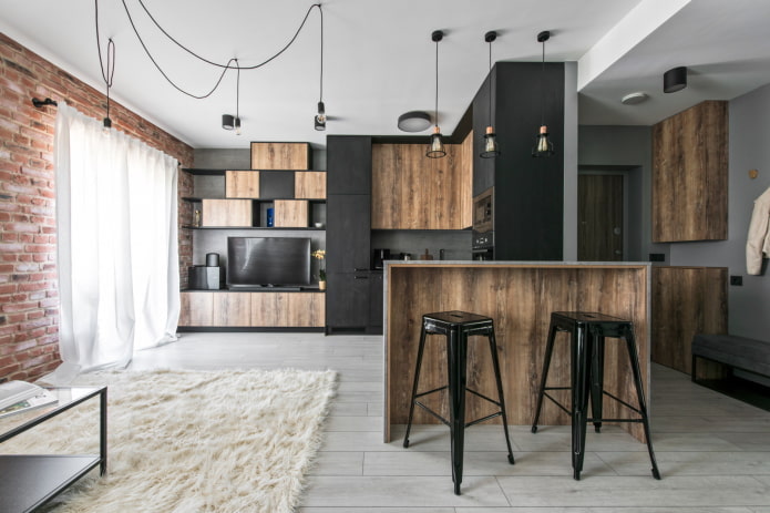 intérieur d'un appartement de 50 mètres carrés dans un style loft