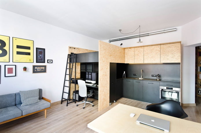 intérieur d'un studio à deux niveaux