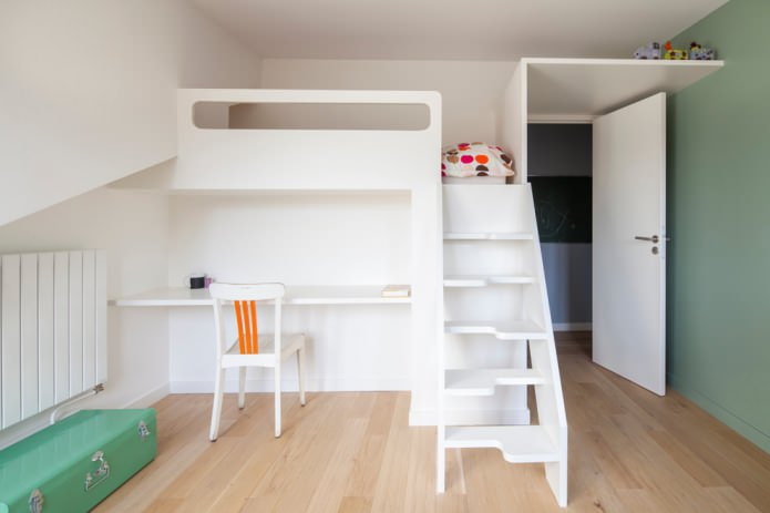 Table et lit combinés dans une chambre d'enfant en blanc