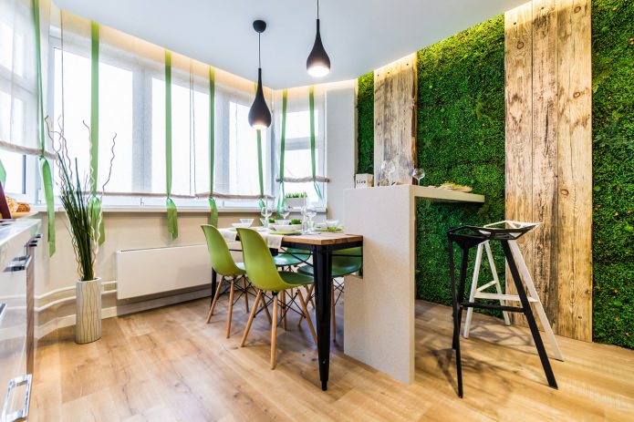 Cuisine-salle à manger de style écologique avec comptoir de bar