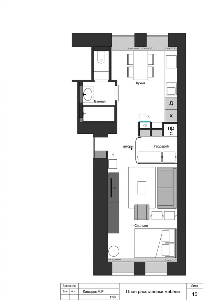 Aménagement d'un appartement d'une pièce avec une porte battante