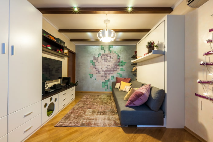 Intérieur de salon avec poutres