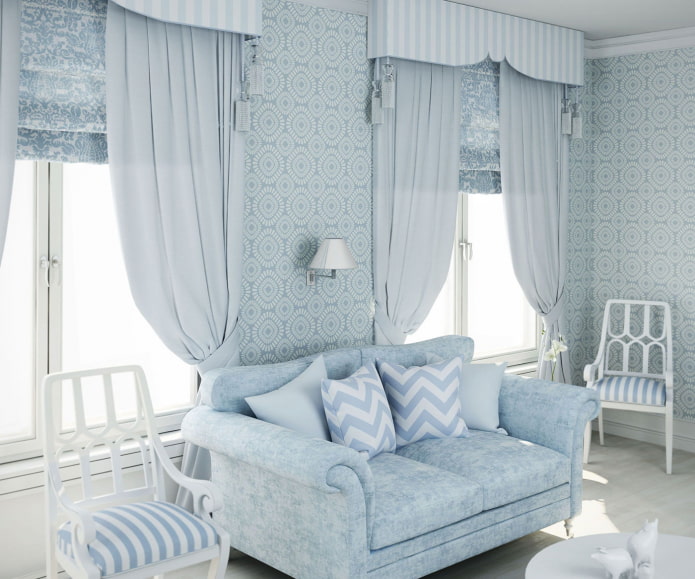 rideaux et papier peint bleus