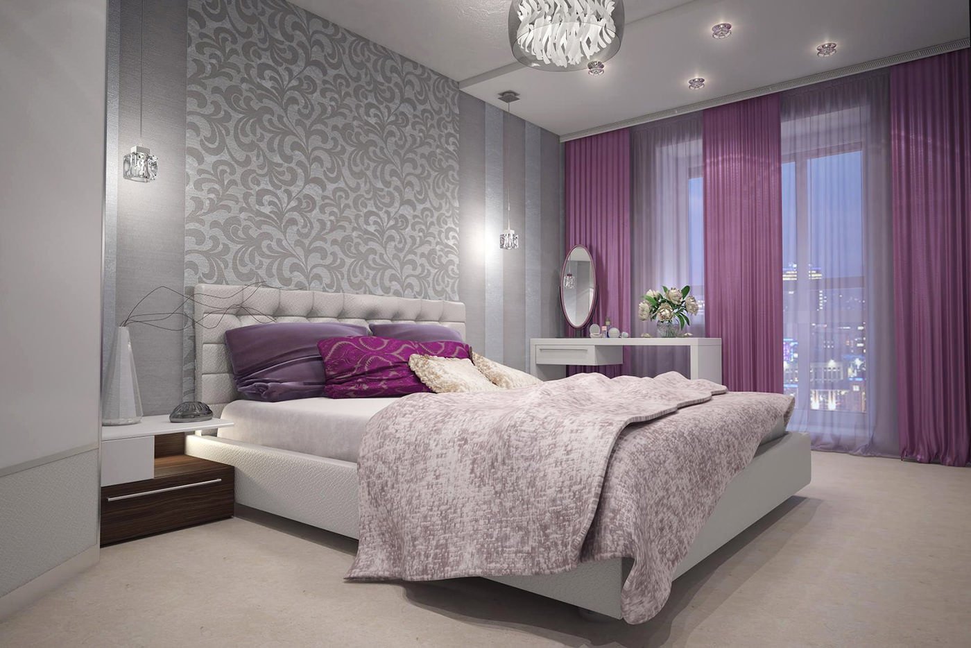 rideaux violets dans une chambre à coucher avec papier peint gris